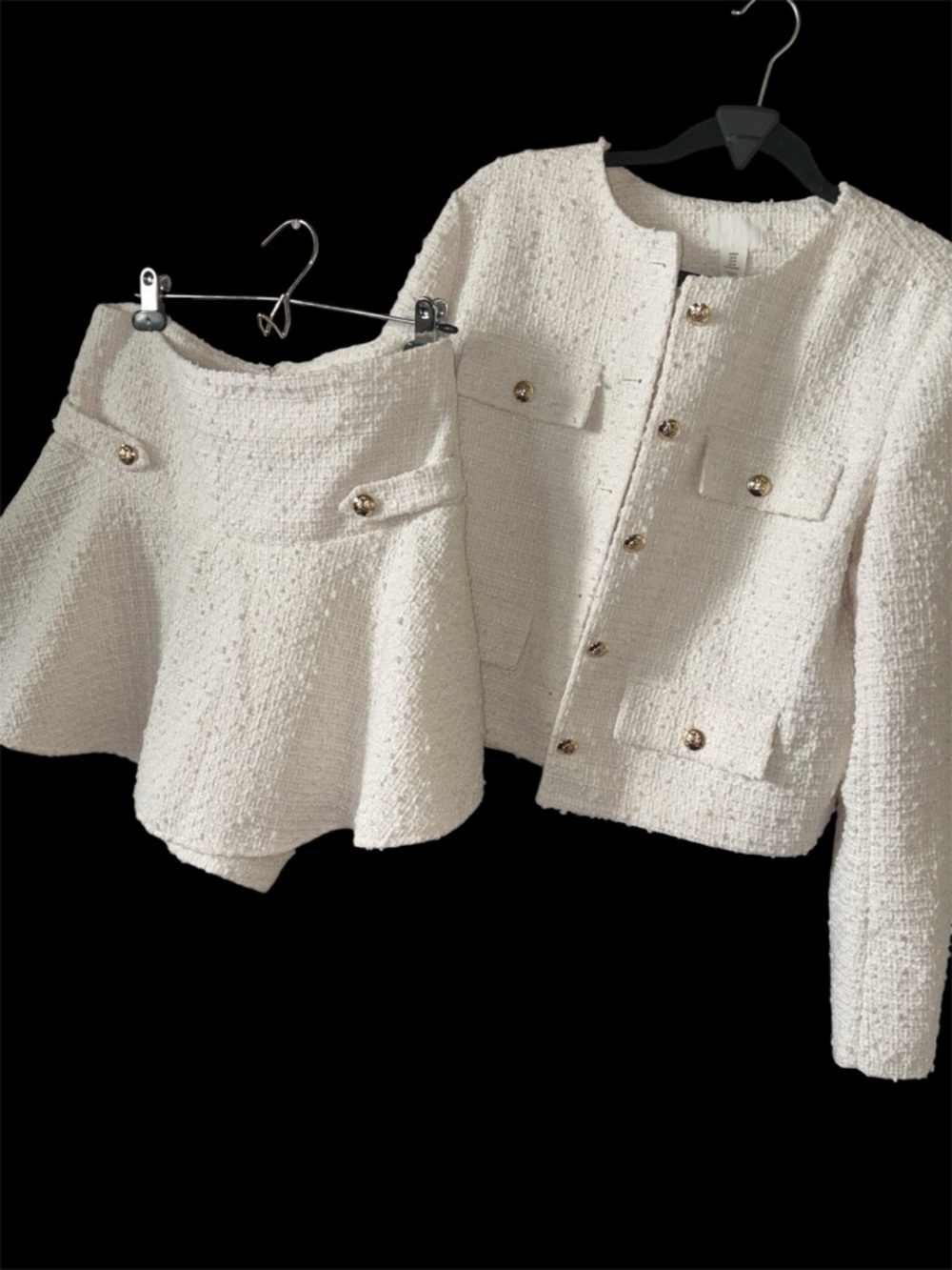 Off white Cream Tweed Jacket Skirt suit Set gold hardware medium designer like